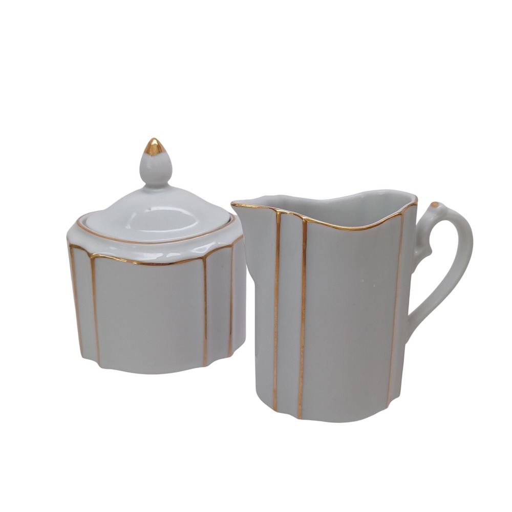 Lord & Taylor Vintage Porcelain Sugar Bowl and Creamer Set Gold Gilt Japan White